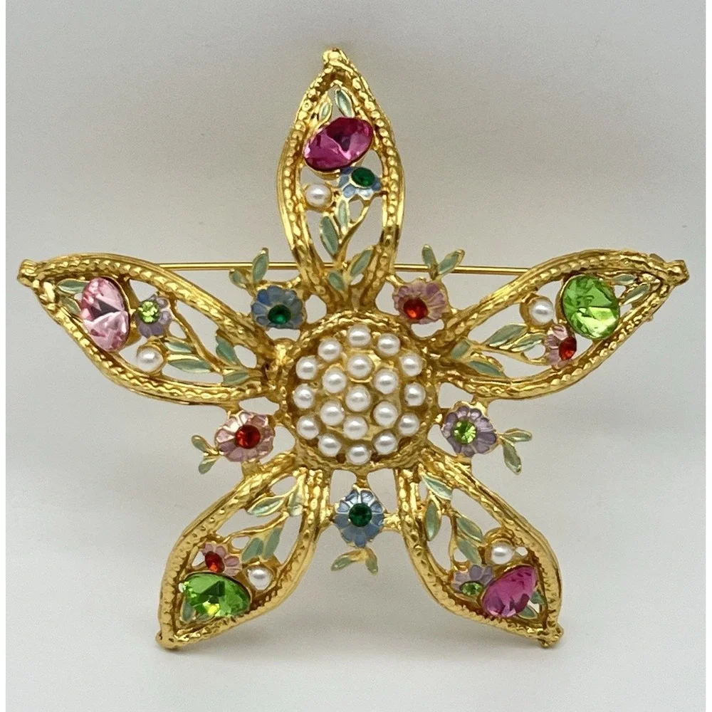 Vintage Rhinestone Pearl Brooch Signed Tiara Misu IV Pastel‎ Flower Gold Toned